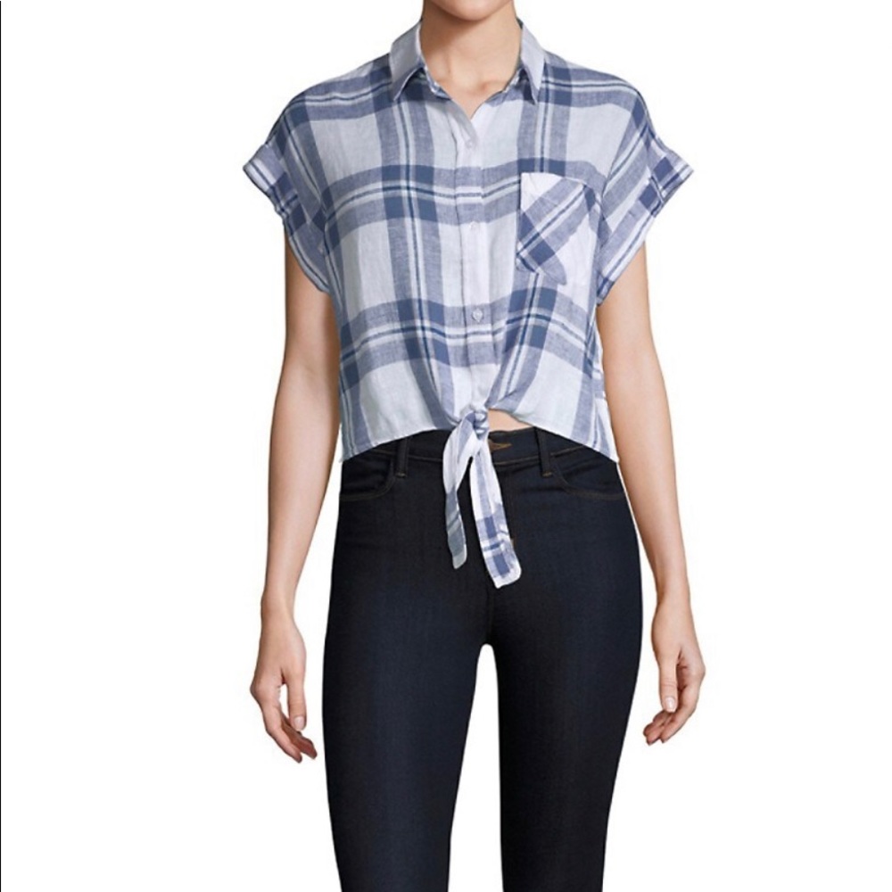 Rails short sleeve collared button down linen blend top white/blue sz XS